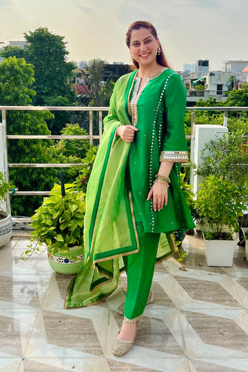 Harita Chanderi Silk Choga Set with Mirror Work and Tissue Dupatta