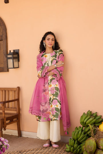 Snigdha Chanderi Embroidered Kurta Set With Contrast Organza Dupatta