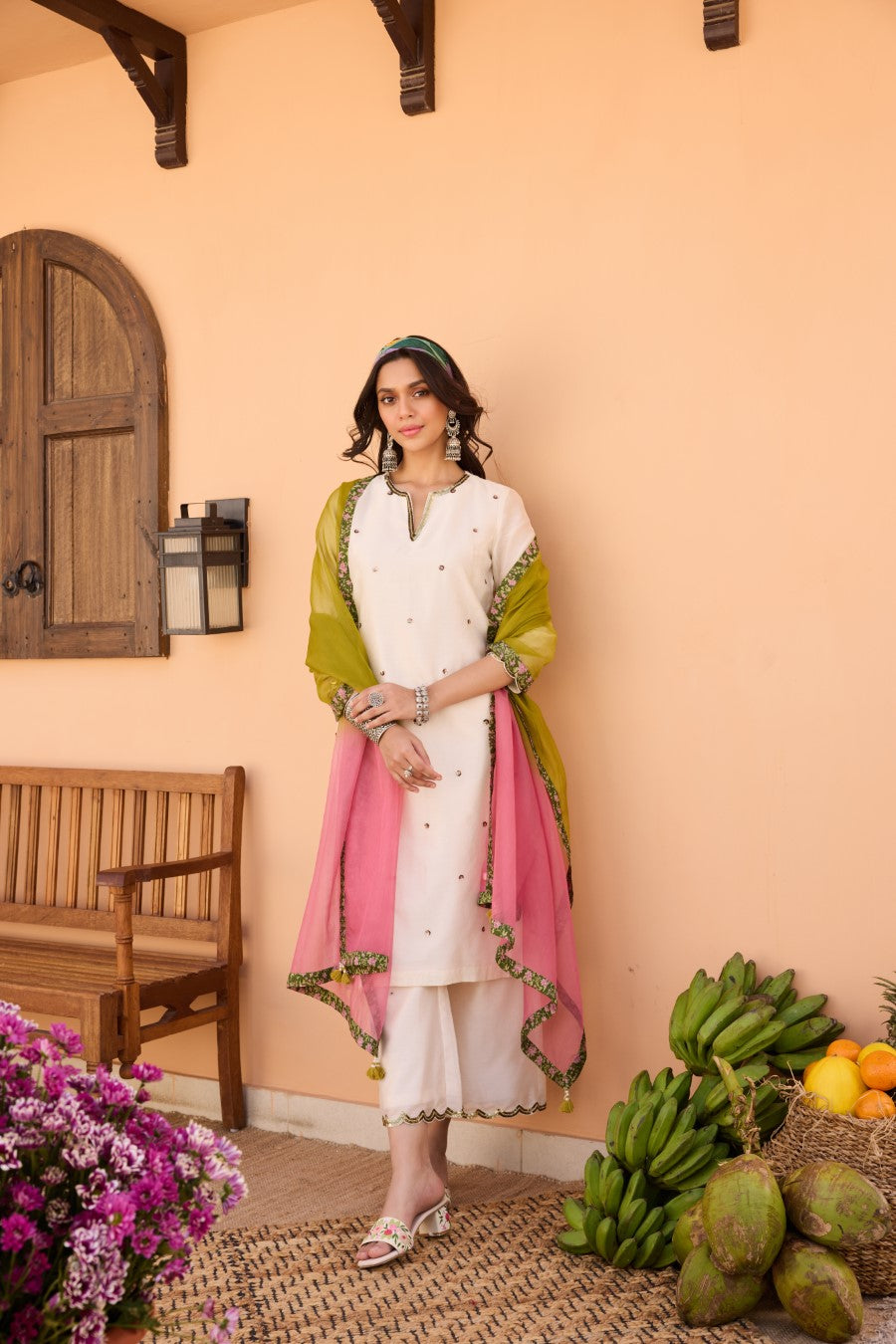 Champa Chanderi Embroidered Kurta Set With Organza Dupatta