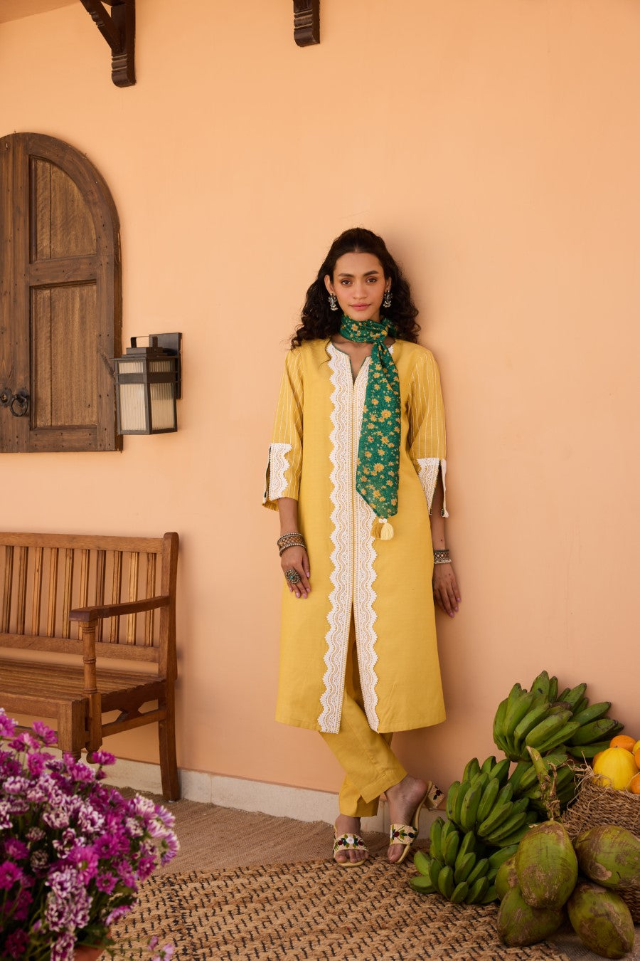 Juhi Cotton Linen Embroidered Kurta Set With printed Scarf