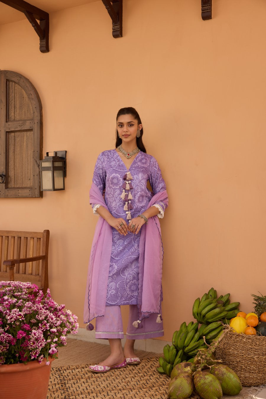 Madhu Bala Lilac Cotton Satin Kurta Set With Scallop Dupatta