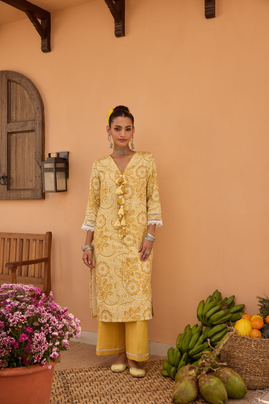 Madhu Bala Yellow Cotton Satin Kurta Set With Scallop Dupatta