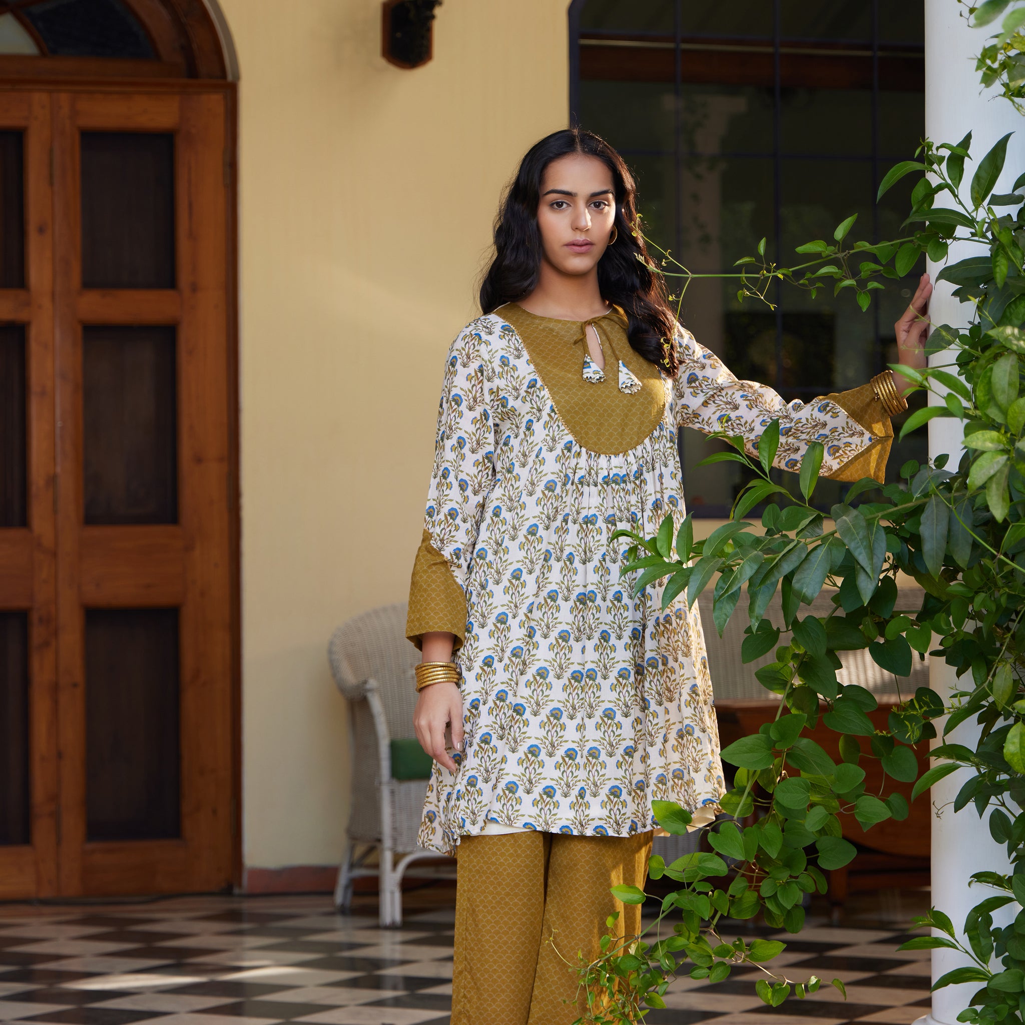 Cream & Mustard Manjari Front Tie-Up Gathered A-Line Kurta with Palazzo & Slip - Set of 3