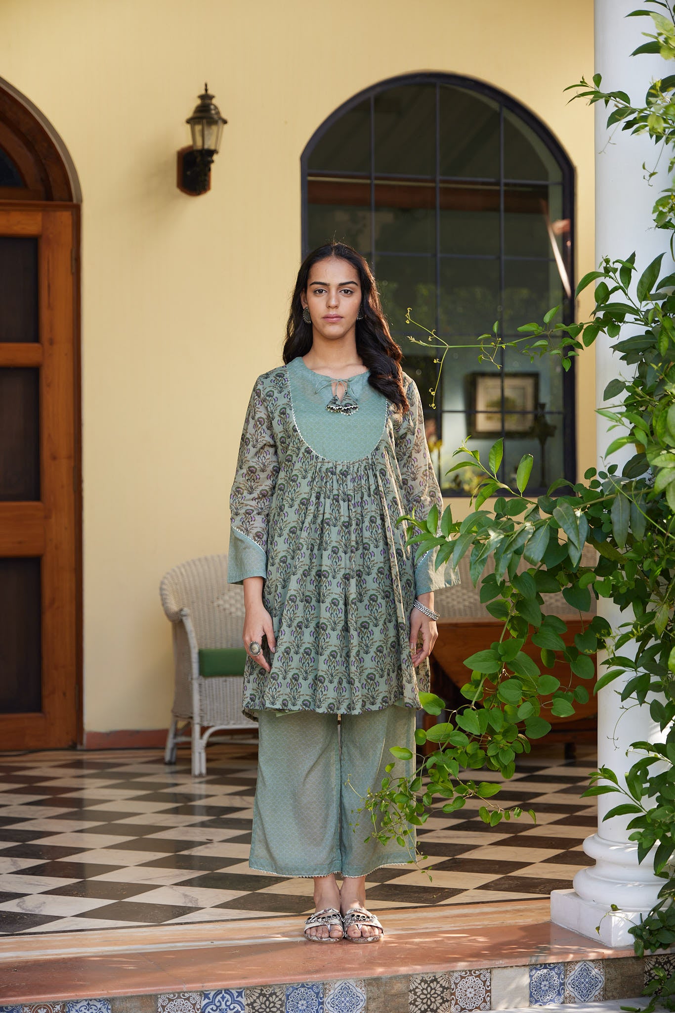 Pista Manjari Front Tie-Up Gathered A-Line Kurta with Palazzo & Slip - Set of 3