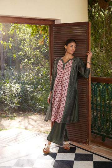 Military Green & Blush Pink Toral Paneled A-Line Kurta with Palazzo Pant & Slip - Set of 3