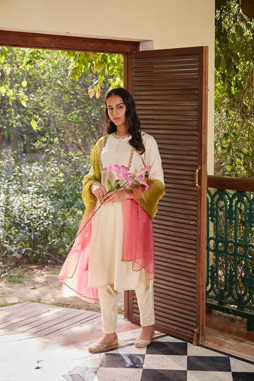 Cream Embroidered Kurta Patti Kurta with Straight pants & scallop Ombre dupatta - Set of 3