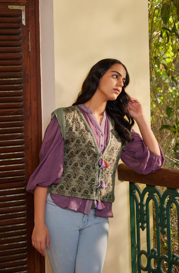 Pista & Purple Manjari Front Tie-up Summer jacket with button down shirt - Set of 2
