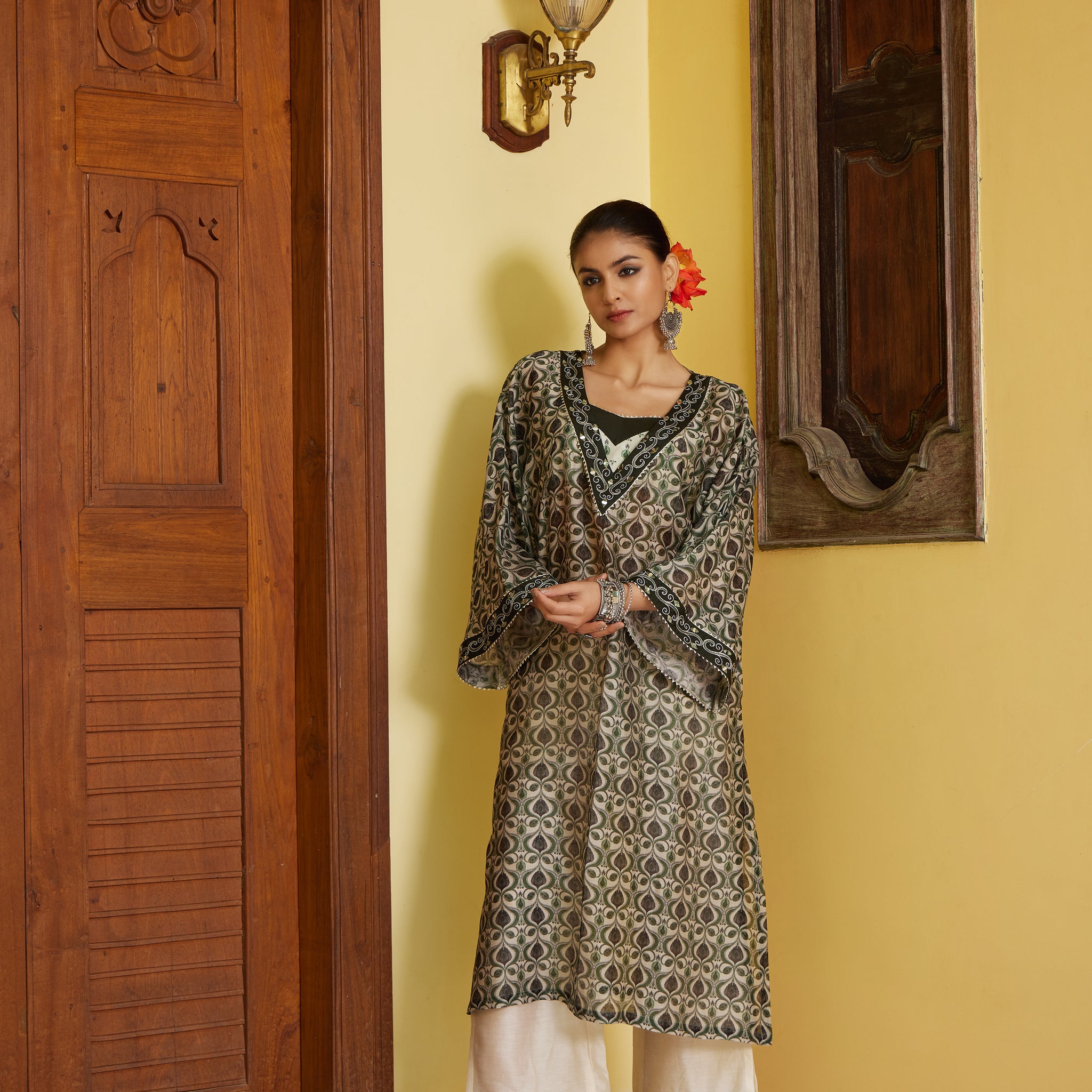 Green Mayur Pankh Mirror embroidered Kaftaan with Palazzo & Bustier