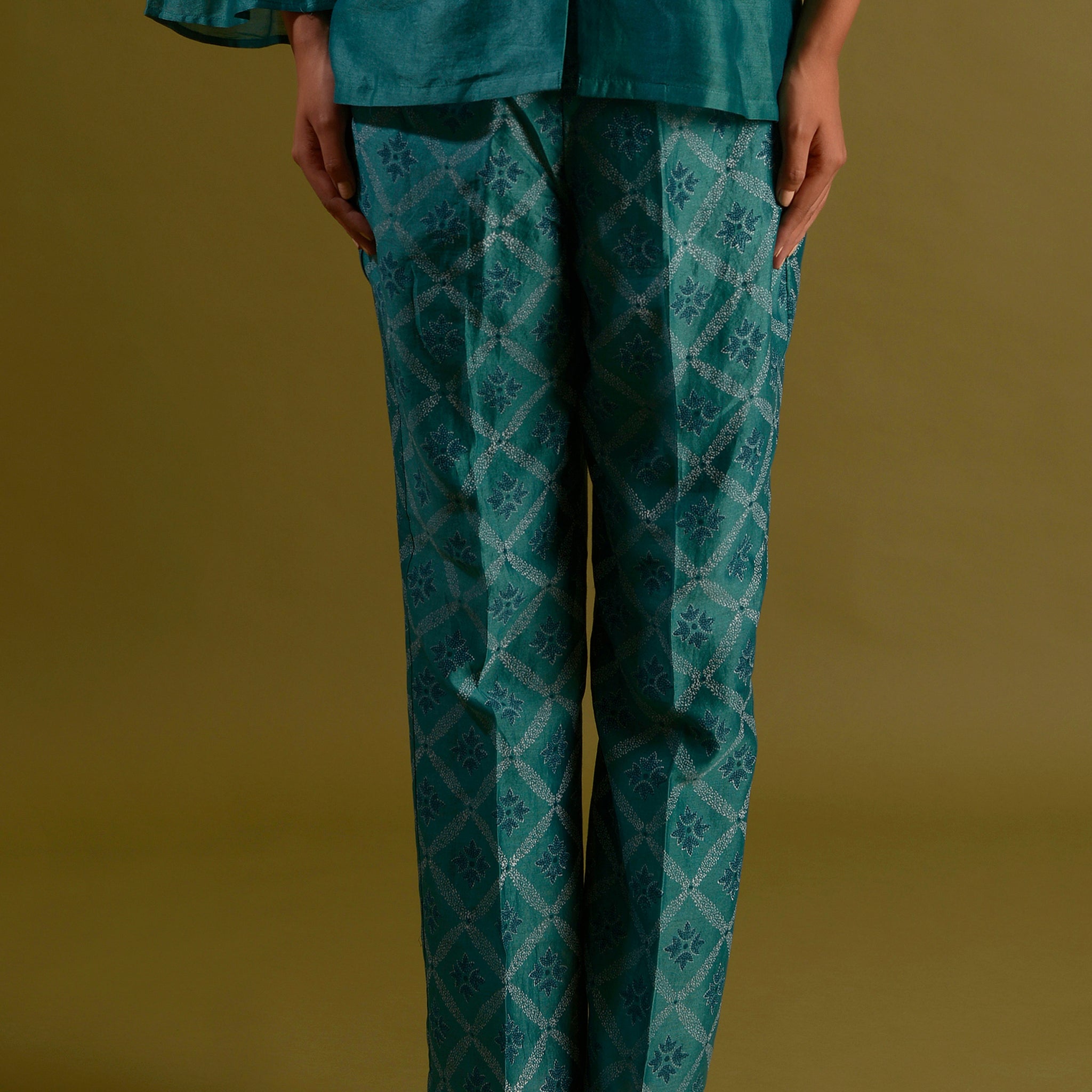 ROHINI PANTS Teal Green Chanderi Silk Hand Block Printed Flared Pants