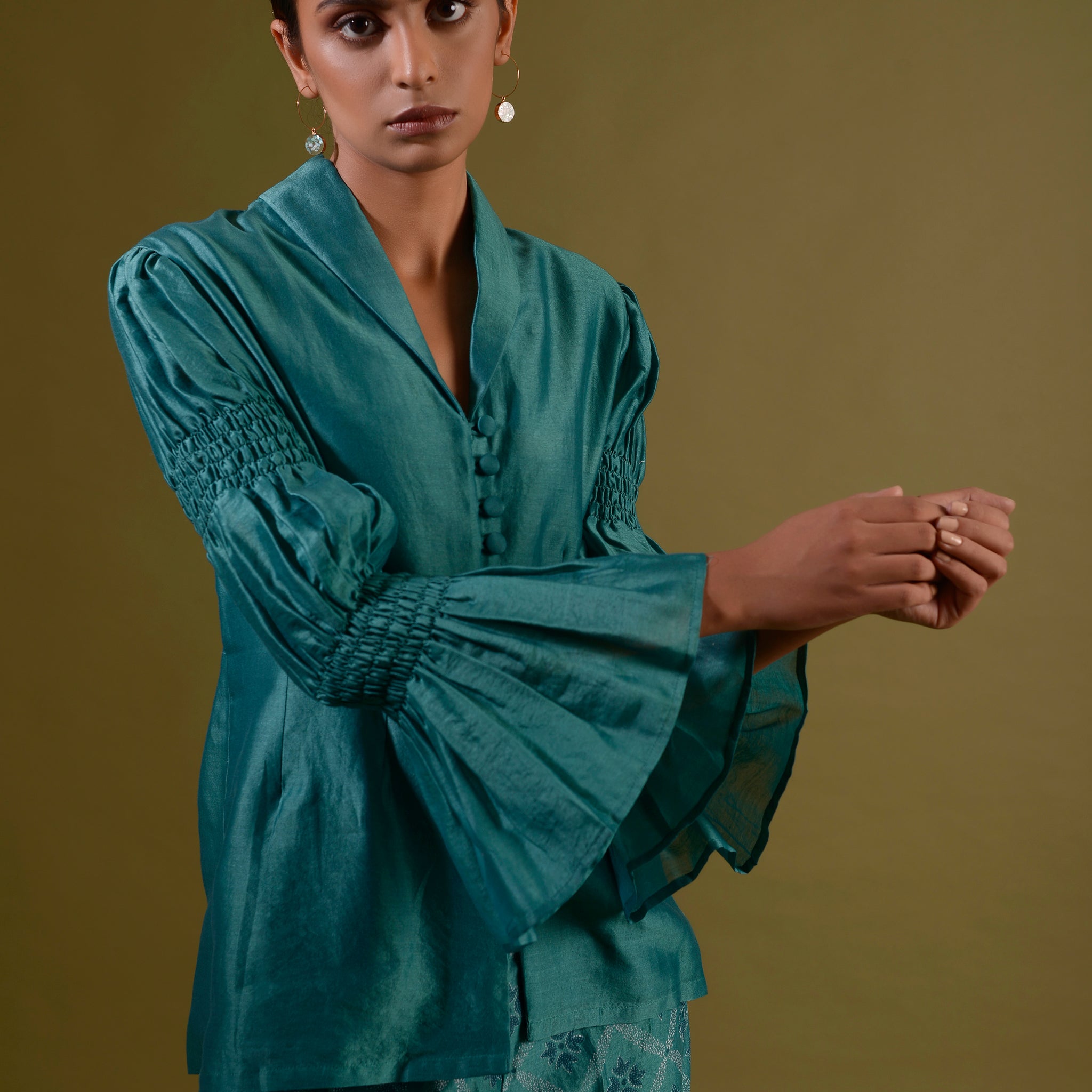 ROHINI Teal Green Chanderi Silk Button Down Top With Marie Sleeves