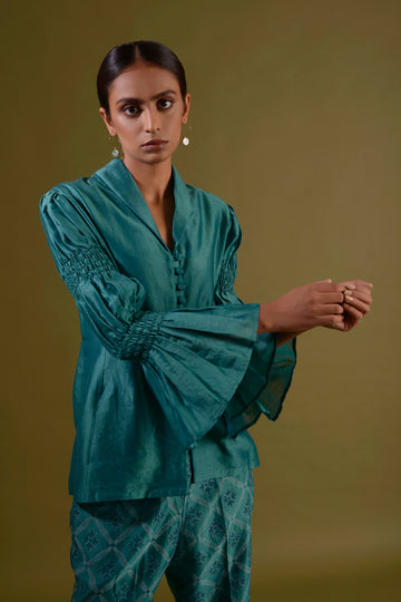 ROHINI Teal Green Chanderi Silk Button Down Top With Marie Sleeves