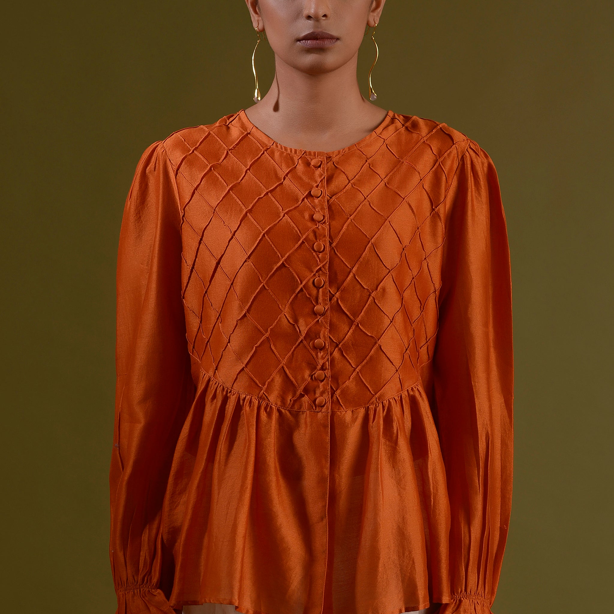 TARANGITA Burnt Orange Chanderi Silk Button Down Top With Cross Pleated Bodice