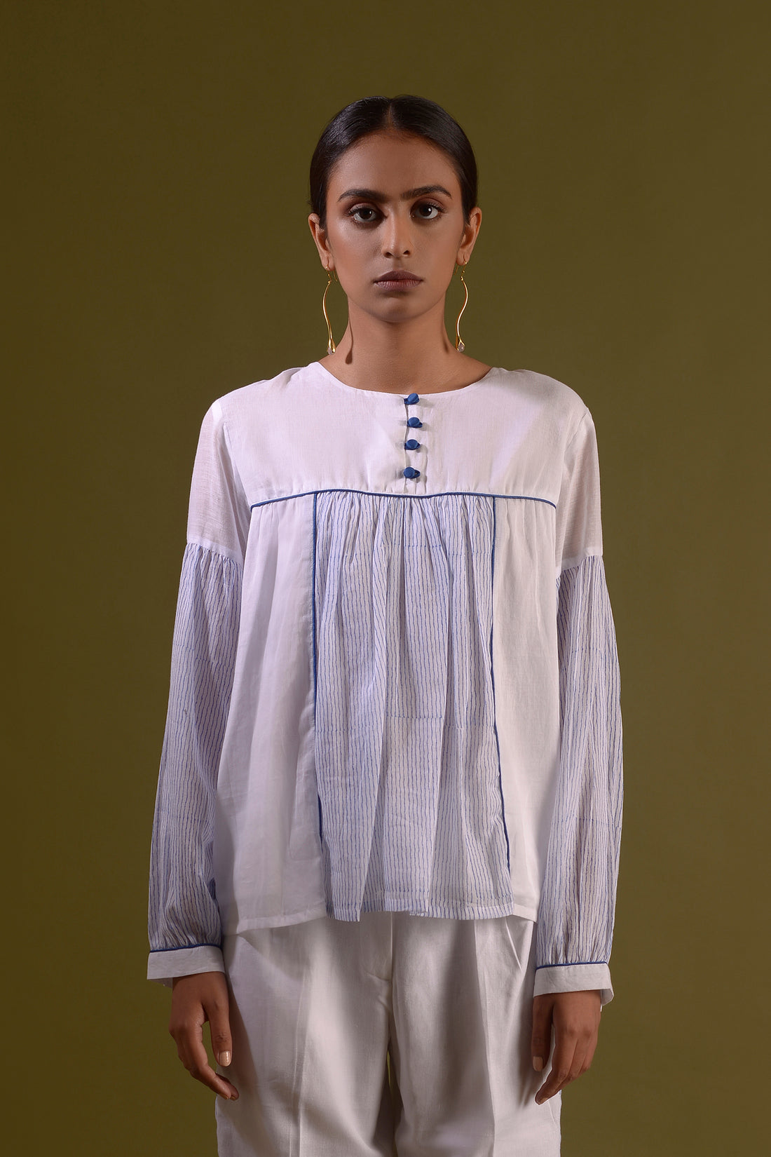 TWISHA White Cotton Mul Block Printed Top With Drop Shoulder