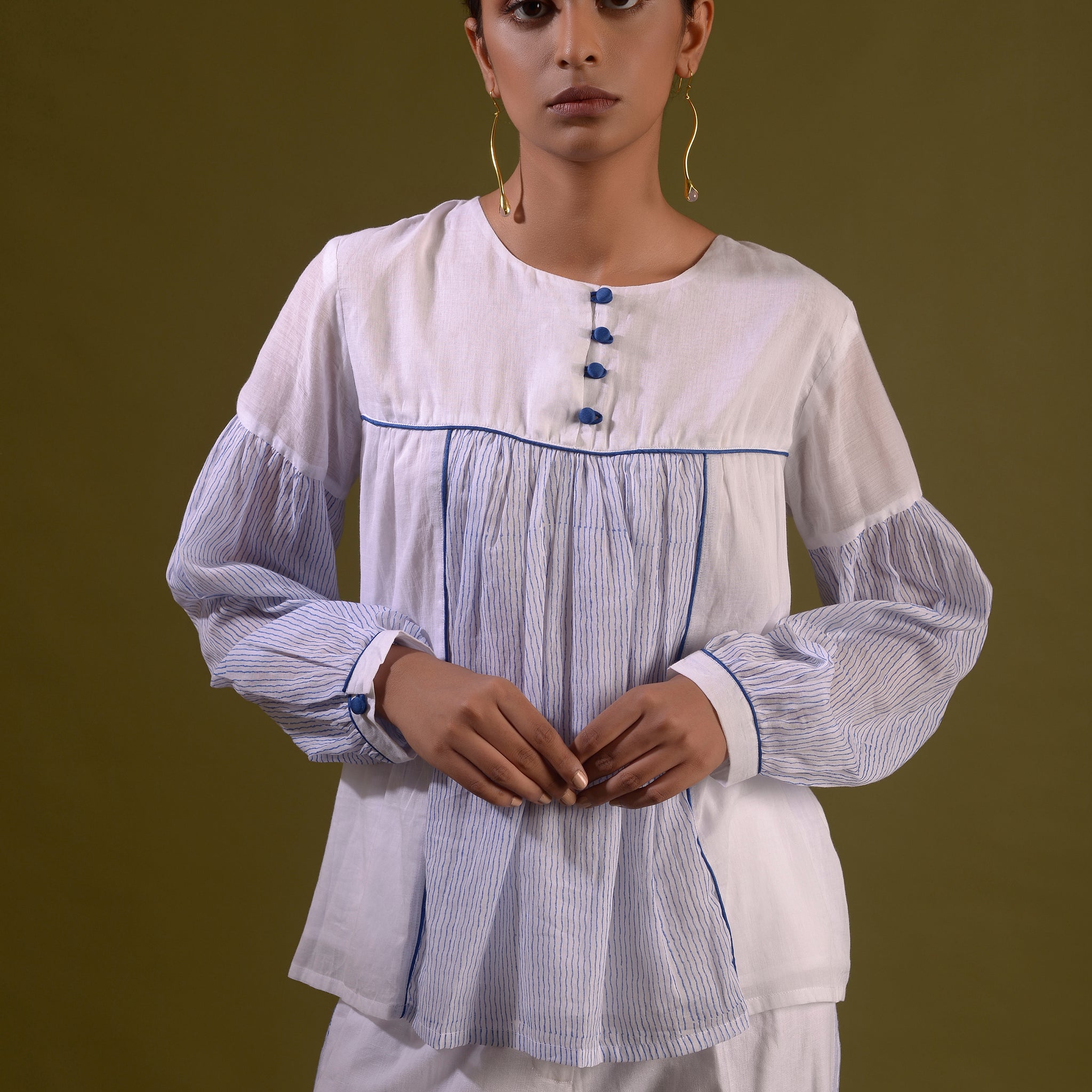 TWISHA White Cotton Mul Block Printed Top With Drop Shoulder