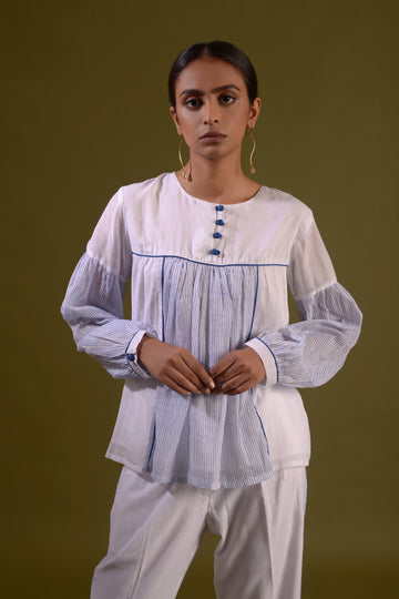 TWISHA White Cotton Mul Block Printed Top With Drop Shoulder