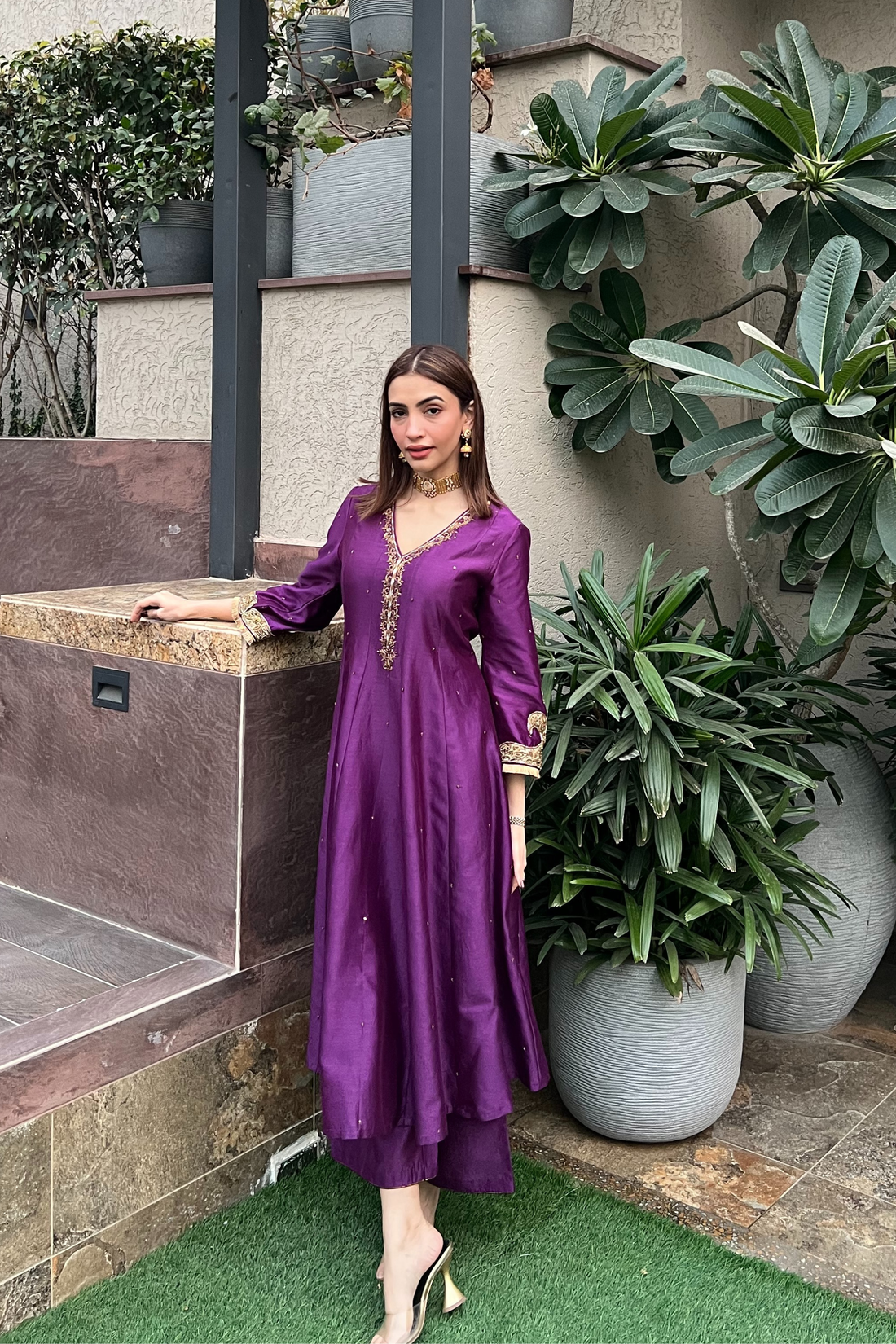 Meher Jamuni Chanderi Silk Kalidaar Kurta Set with Zardozi Embroidery and Tissue Dupatta