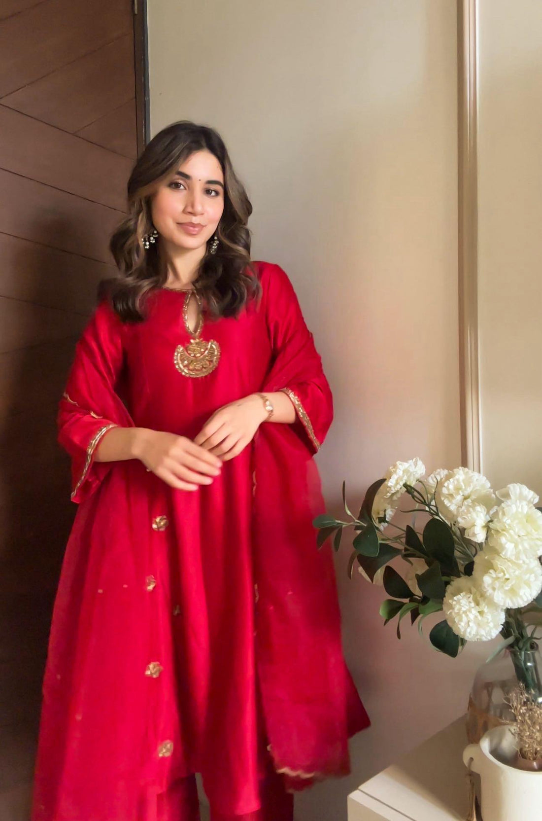 Red Chanderi Kalidaar Kurta Set With Zardozi Embroidery and Scallop Dupatta