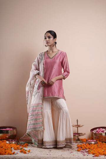 Gulfaam Mirror Work Sharara Set With Hand Block Printed Dupatta