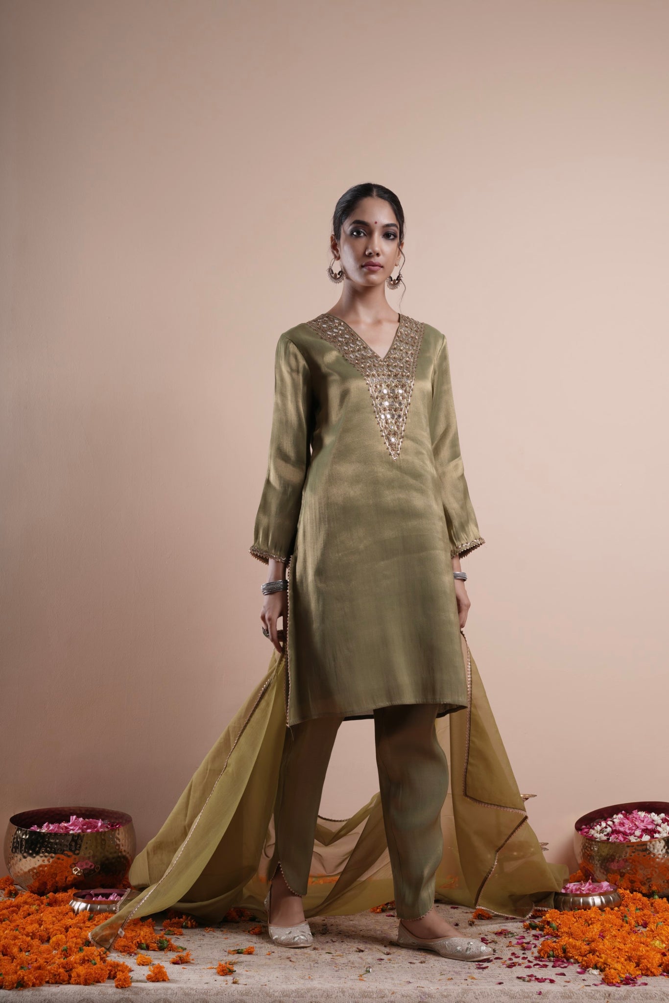 Green Raabta Mirror Work Kurta Set