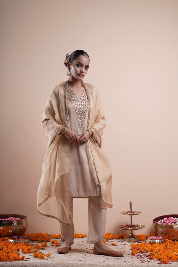 Beige Raabta Mirror Work Kurta Set