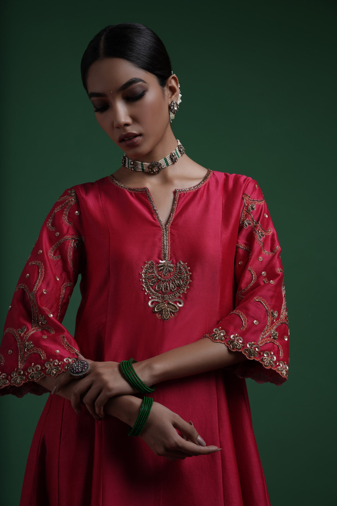 Gulabi Chanderi Kalidaar Kurta Set With Zardozi Work